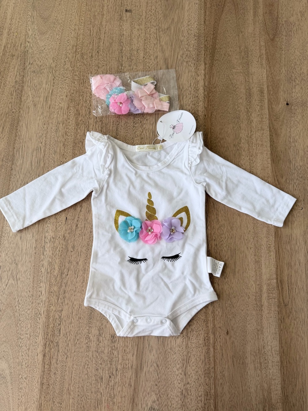 White Unicorn Floral Appliqué One-Piece for Kids with headband